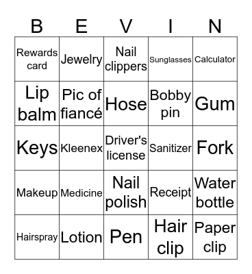 Bride's Purse Bingo Card