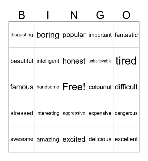 Long adjectives Bingo Card
