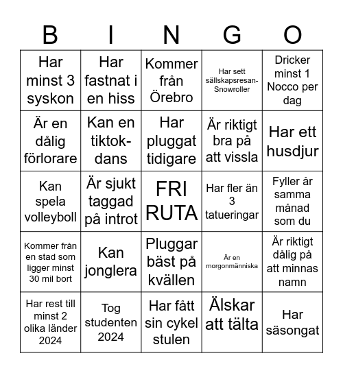 Snowrollers bingo Card