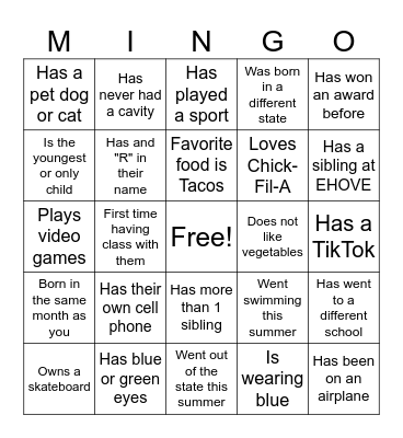 First Day of School MINGO Bingo Card