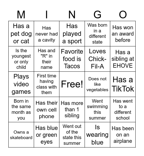 First Day of School MINGO Bingo Card