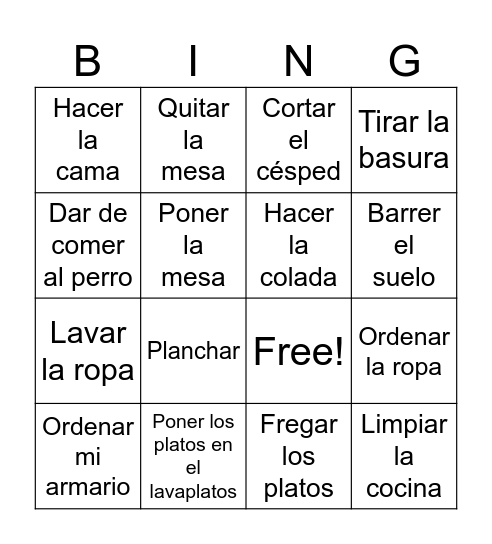 Las tareas domésticas Bingo Card