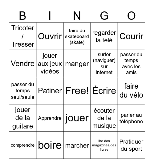 Verb Bingo Card