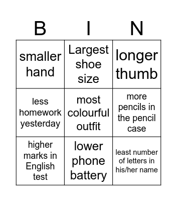 Compare! Bingo Card