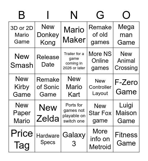 Switch 2 Direct Bingo Card