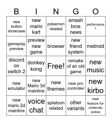 nintendo switch 2 Bingo Card