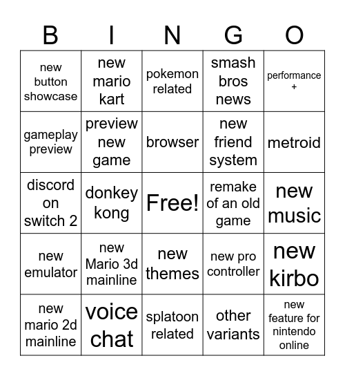 nintendo switch 2 Bingo Card