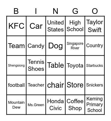 Common and Proper Noun BINGO! Bingo Card