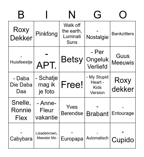 Muziekbingo Paradijsvogels Bingo Card