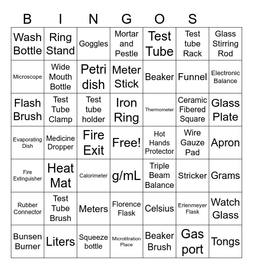 SHS Lab Apparatus Bingo Card