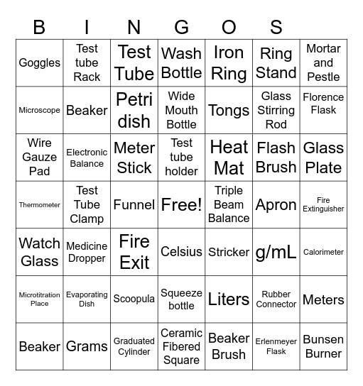 SHS Lab Apparatus Bingo Set 3 Bingo Card