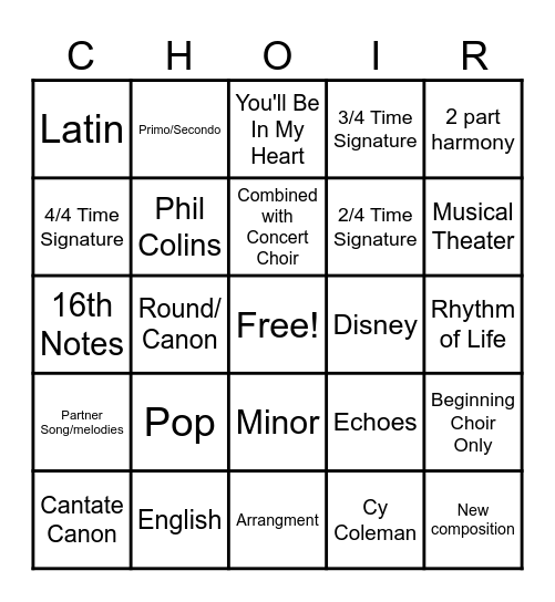 Beginning Choir Bingo Card