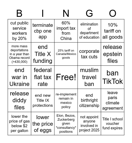 trump  day 1 promises Bingo Card