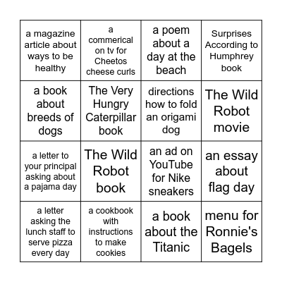 Author's Purpose Bingo Card