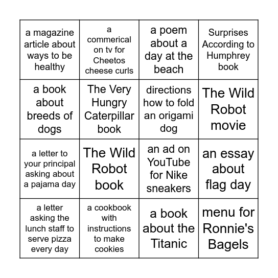 Author's Purpose Bingo Card