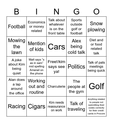 Kim’s work Bingo Card