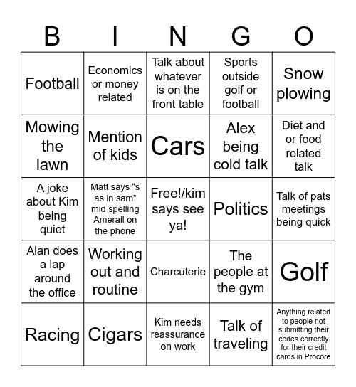Kim’s work Bingo Card