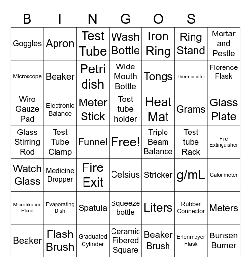 SHS Lab Apparatus Bingo Set 4 Bingo Card