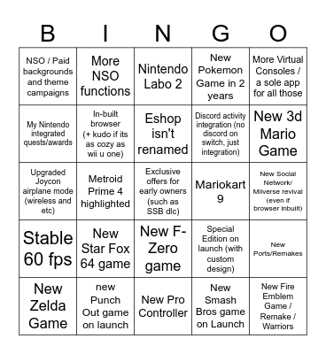 Nintendo Switch 2 Bingo Card