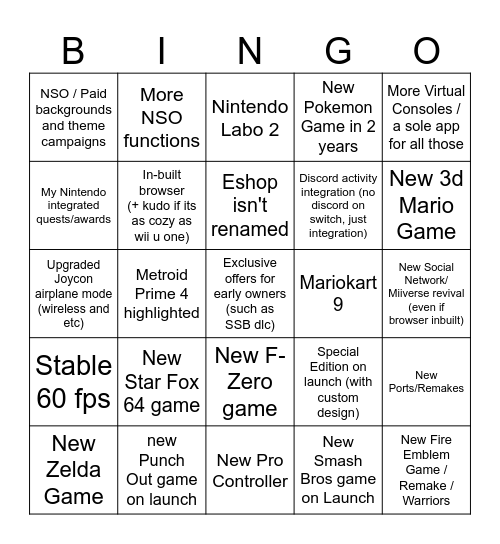 Nintendo Switch 2 Bingo Card