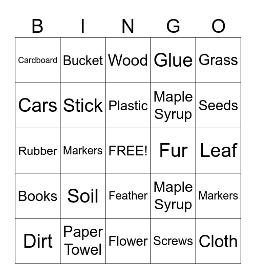 Natural vs. Processed Materials Bingo Card