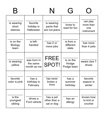 Name Bingo - SI edition! Bingo Card