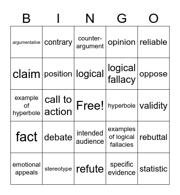 Argumentative Vocabulary Bingo Card