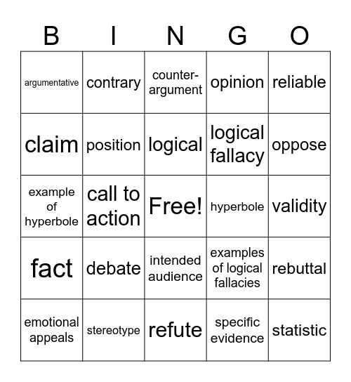 Argumentative Vocabulary Bingo Card