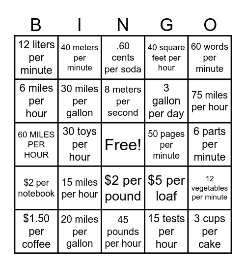 Unit Rate Bingo Card