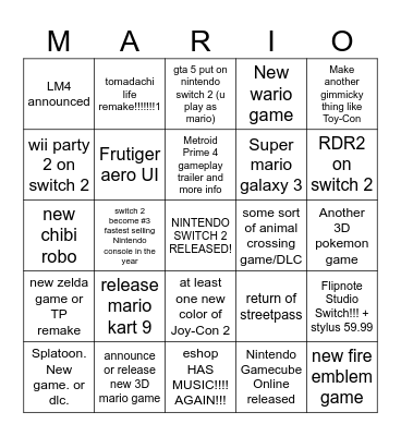 Nintendo Bingo Card 2025 Bingo Card