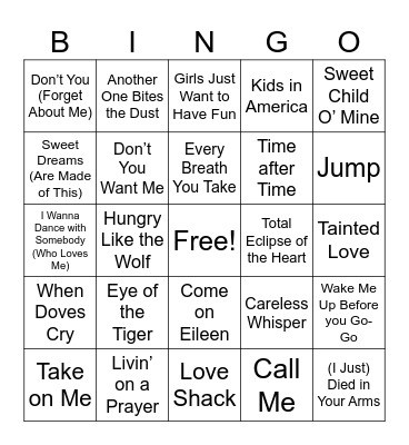 80s Music Bingo Card