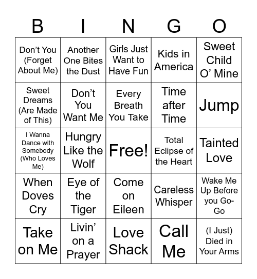 80s Music Bingo Card