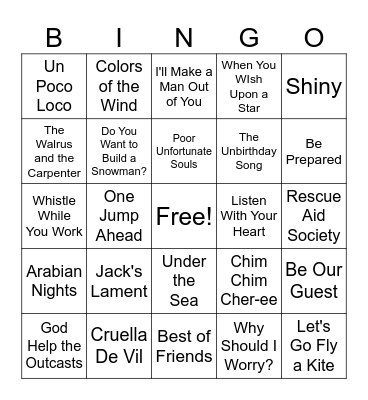 Disney Songs Bingo Card