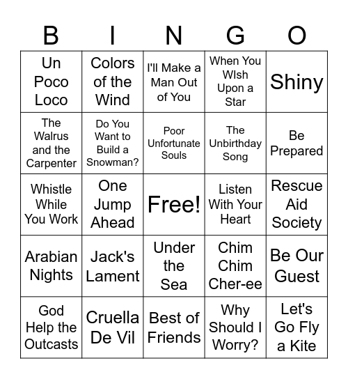 Disney Songs Bingo Card