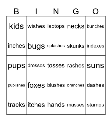 Suffix Bingo 's' and 'es' Bingo Card