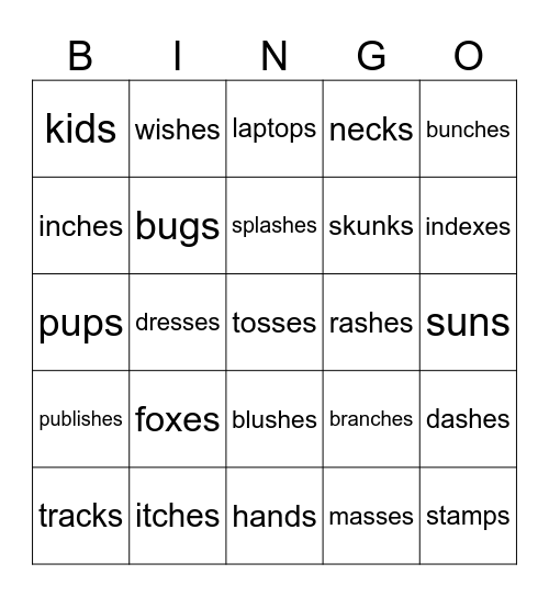 Suffix Bingo 's' and 'es' Bingo Card