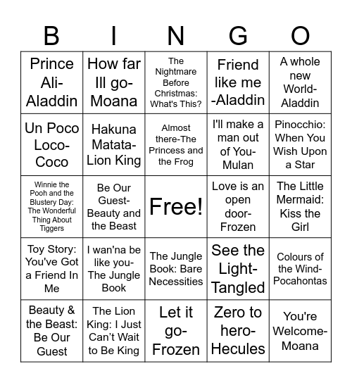 Auntie Fiona's Disney Bingo Card