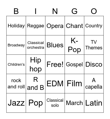 Musical Styles Bingo Card