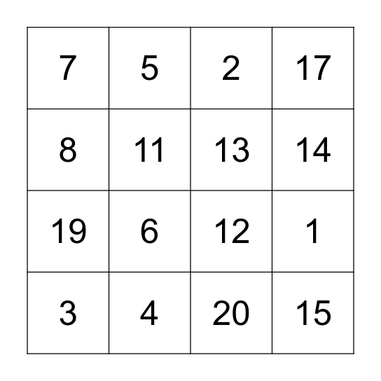 Number Bingo Card