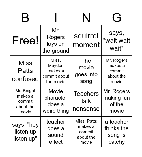 lunch movie Bingo Card