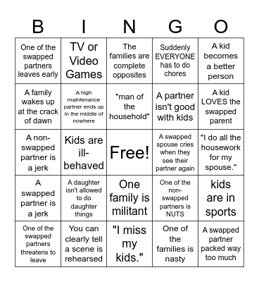 Wife Swap Bingo Card