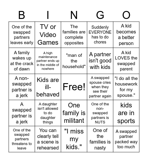 Wife Swap Bingo Card