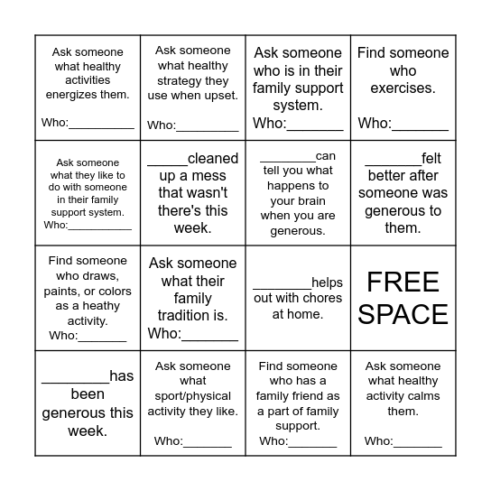 Sources of Strength Bingo Card