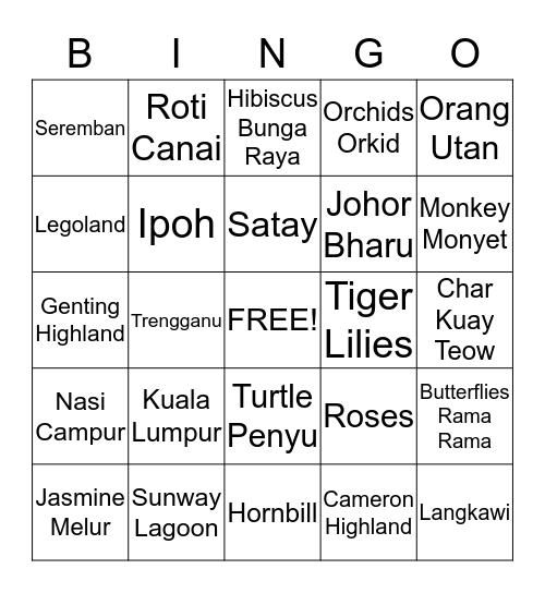 malaysia Bingo Card