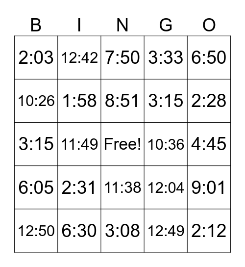 Telling Time to the Nearest Minute Bingo Card