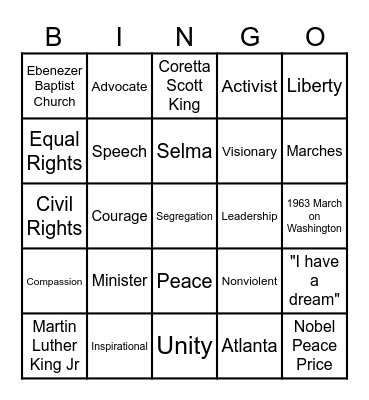 Martin Luther King Jr Bingo Card