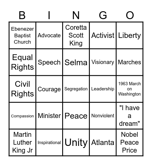 Martin Luther King Jr Bingo Card