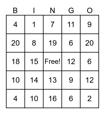 Addition Bingo Card