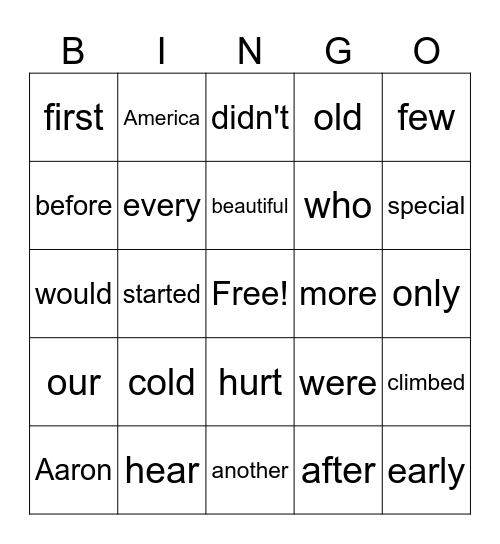 Aaron Wonders Unit 1-3 HF Bingo Card