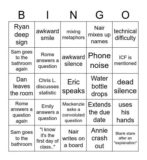 Nair Bingo Card